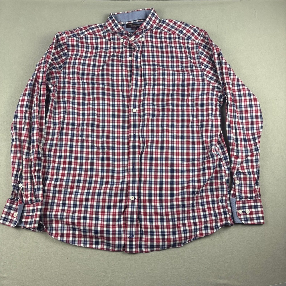 Johnston & Murphy Mens XL Long Sleeve Button Down Shirt Red Blue White Plaid